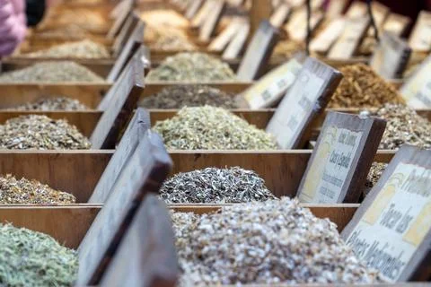 Rows of boxes with spices at the fair, selective focus Stock Photos