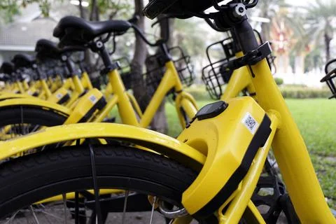 Rows of bright yellow public rental bikes on a stree Stock Photos
