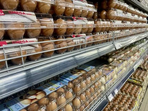 Rows of brown chicken omega eggs on store shelf Stock Photos