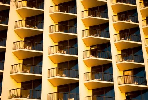 Rows of building balconies at sunset Foto stock