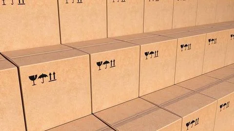 Rows cardboard boxes of parcels Cubes with markings for 3d render of shipm... Stock Photos