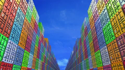 Rows of cargo shipping containers under clear sky. Industrial containers are Stock Footage 117472853