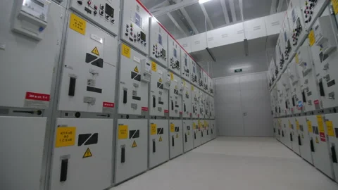 Rows of cases with switchboards and sensors at substation Video stock 154287671