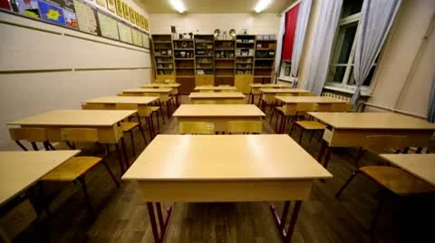 Rows of chairs and tables inside empty physics school class Stock Footage 9412163