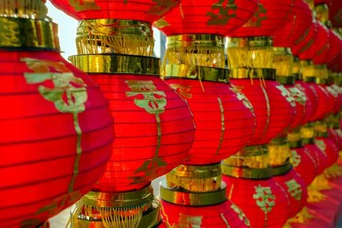Rows of Chinese lantern bright red color. Stock Photos
