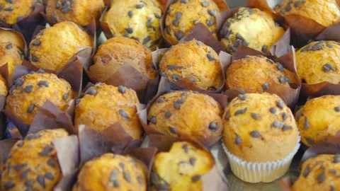 Rows of chocolate chip muffins on a baking tray in 4k slow motion 60fps Stock Footage 284219320