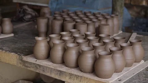 Rows of Clay Pottery Vases Drying Before Firing, Serra da Capivara Ceramic Stock Footage 321905172