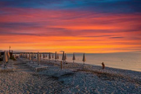 Rows of closed umbrellas on the beach Foto stock