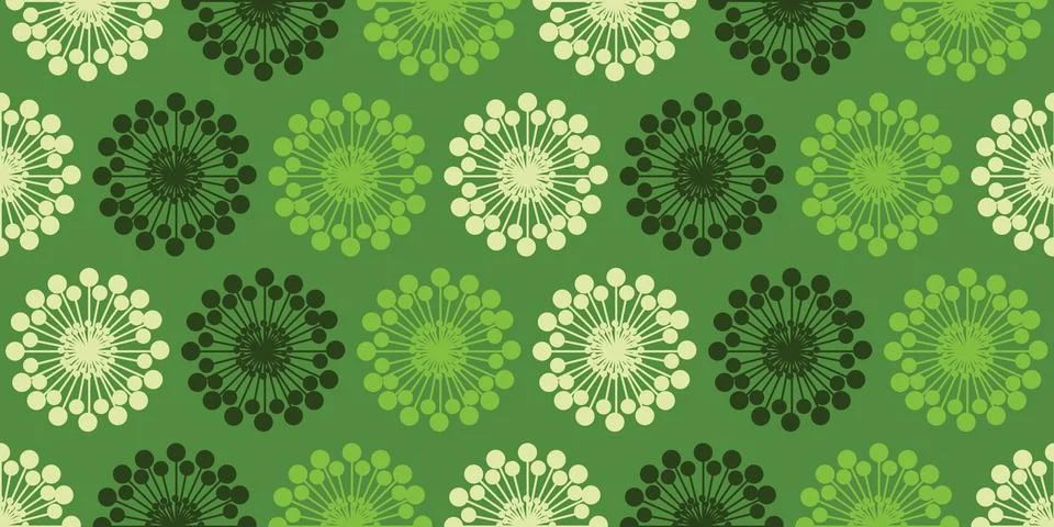 Rows of Colorful Large Flowers Pattern, Colored in Various Shades of Green .. Stock Illustration