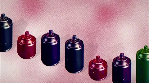 Rows of Colorful Spray Paint Cans Rolling on Halftone Pink Stock Footage 346783463