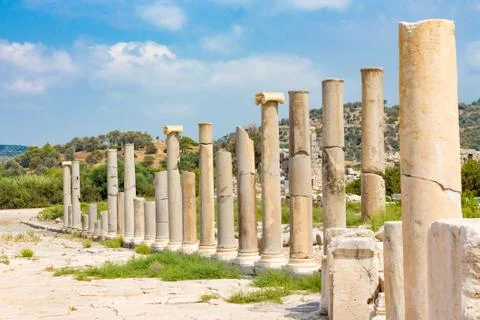 The rows of columns of agora shows the wealth of ancient city Patara Stock Photos