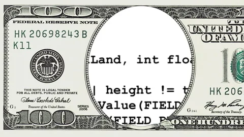 Rows of computer code in frame of 100 dollar bill Video stock 96661672