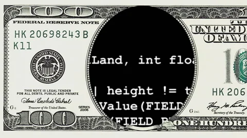 Rows of computer code in frame of 100 dollar bill Stock Footage 96661841