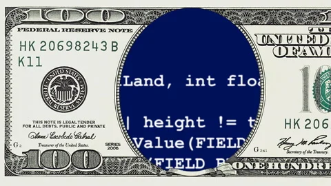 Rows of computer code in frame of 100 dollar bill Stock Footage 96662265