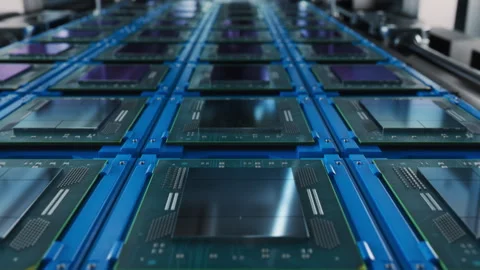 Rows of Computer Processors on Production Line at Generic Electronics Factory Stock Footage 241484791