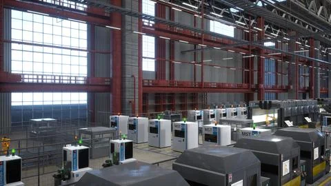 Rows of computerized equipment units in factory, 3D render イラスト素材