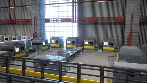 Rows of computerized machines in warehouse, 3D rendering 库存插图