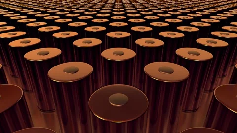 Rows copper li-ion 4680 Tesla accumulator cell for battery modules, mass pr.. Video stock 236222952