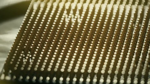 Rows of CPU or central processor unit pins, macro dollys shot Stock Footage 105590542