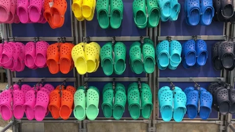 Rows of Crocs shoes at the Scheels Sporting Goods store in Springfield, Illin Stock Footage 194735666