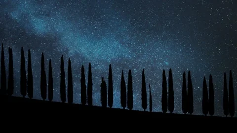 Rows of Cypress Trees in the Tuscan Countryside, Time Lapse by Night with Stars Stock Footage 289607266