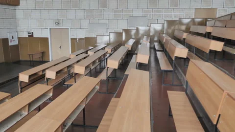 Rows Of Desks In Empty Large Auditorium, Lecture Hall Stock Footage