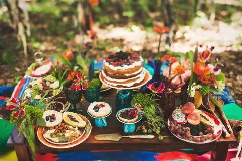 Rows of desserts on the wedding table Stock Photos