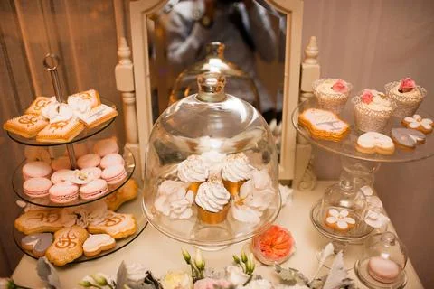 Rows of desserts on the wedding table Stock Photos