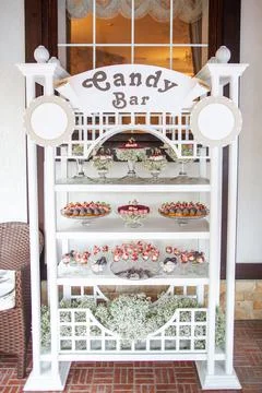 Rows of desserts on the wedding table Stock Photos