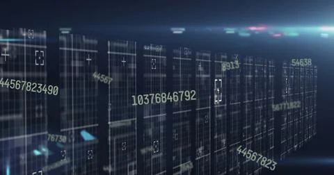 Rows of digital servers glowing in blue light, displaying flowing numbers Foto stock