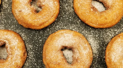 Rows of doughnuts with sugar powder, Dolly, Close up Stock Footage 50593272