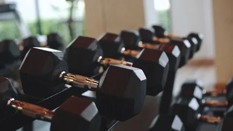 Rows of dumbbells in the gym with sunset light	 Stock Footage 144334265
