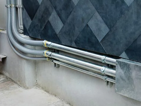 Rows of Electrical Cable Piping Along the Wall Stock Photos