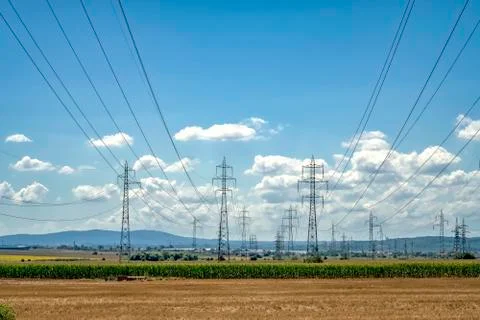 Rows of electrical towers Stock Photos