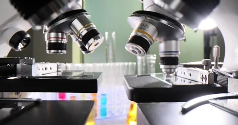 Rows of electronic microscopes arranged on laboratory tables Stock Footage 270165446