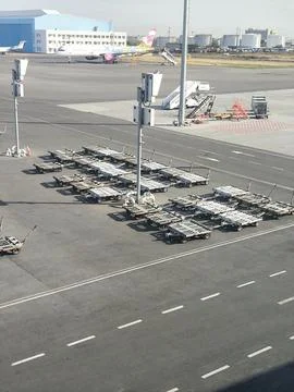Rows of empty baggage carts on an airport apron 스톡 사진
