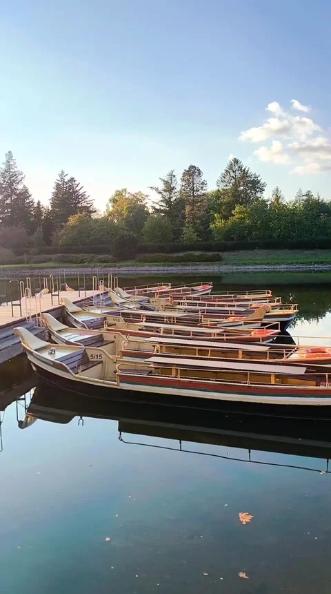 Rows of empty boats at a wooden pier on a sunny morning Stock Footage 318623706