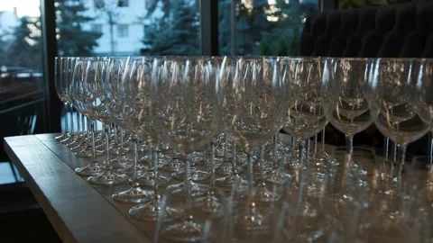 Rows of empty glasses on the table. Stock Footage 141516151