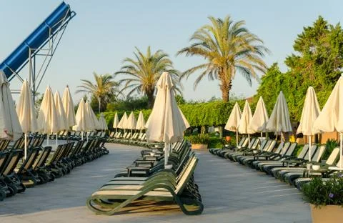 Rows of empty plastic  sunbeds on the terrace near pool. Stock Photos