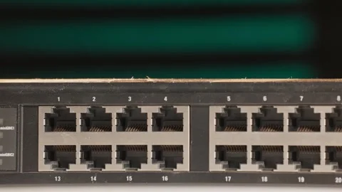 Rows of ethernet wired connections for wires to internet ports 4k slo mo Stock Footage 340586183