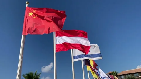 Rows of European flags and flags of the World countries outside Stock Footage 221489380