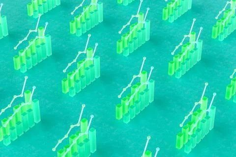 Rows of financial charts on green surface. 3d render Illustrazione stock