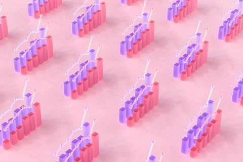 Rows of financial charts on pink surface. 3d render Stock Illustration