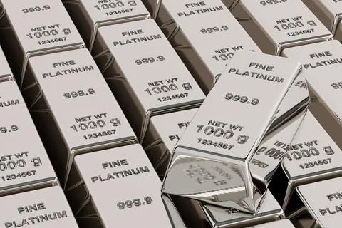 Rows of Fine Platinum Bars with One on Top. 3d Rendering Stock Illustration