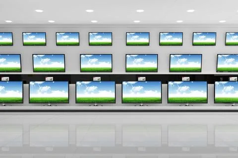 Rows of flat-screen TVs are being displayed in 3D-render showroom, with gloss Stock Illustration