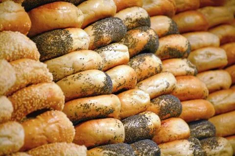 Rows of fresh bagels Stock Photos