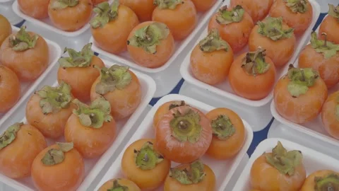 Rows of fresh persimmons in plastic trays displayed at market stall motion. Video stock 331719772