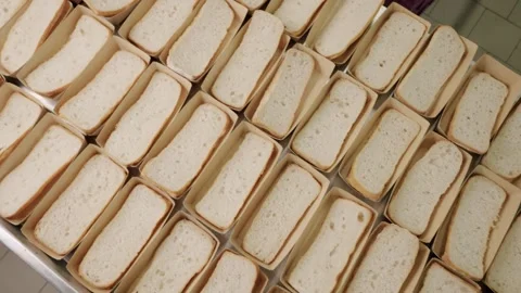 Rows of freshly baked bread loaves in rectangular molds arranged neatly on a Stock Footage 340172797