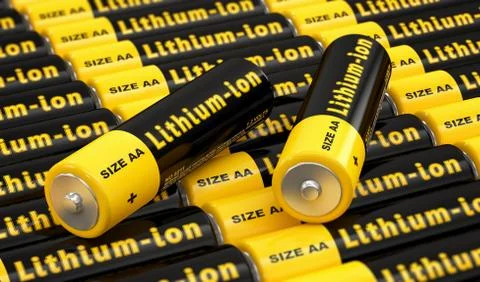 Rows of generic AA batteries with the label 'Lithium Ion' Stock Illustration