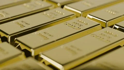 Rows of gleaming gold bars line the surface Illustrazione stock